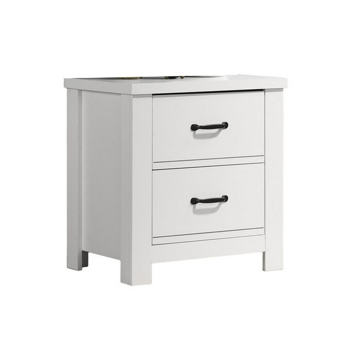 Jermy 22 Inch Nightstand, 2 Drawers, Black Handles, Crisp White Finish-Benzara