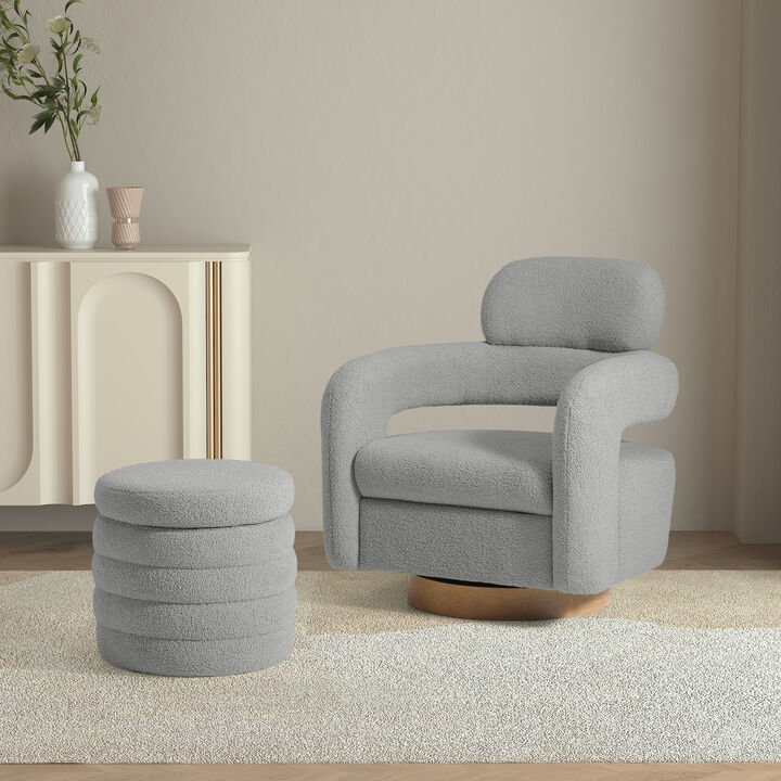 WestinTrends Mid-Century Modern Sherpa Swivel Barrel Accent Chair With Storage Ottoman
