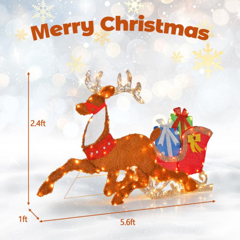 Hivvago Lighted 2D Christmas Reindeer and Sleigh Decoration for Lawn Front Door Home