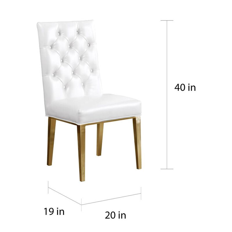 White Faux Leather Tufted Dining Side Chairs, Chrome Gold Legs - Set of 2