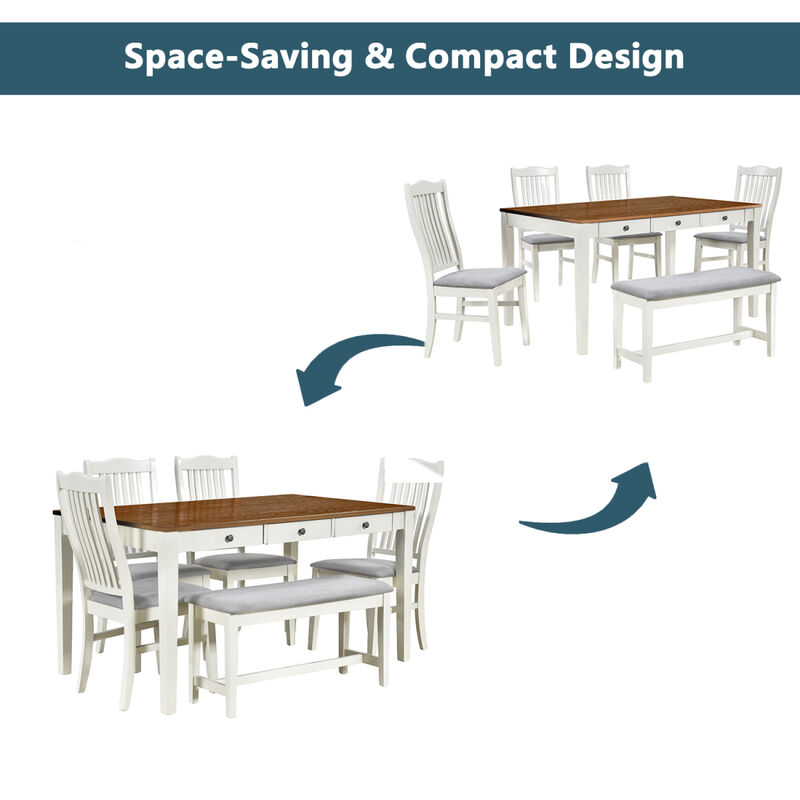 Mid-Century 6-Piece Wood Dining Table Set, Kitchen Table Set With Drawer, Upholstered Chairs