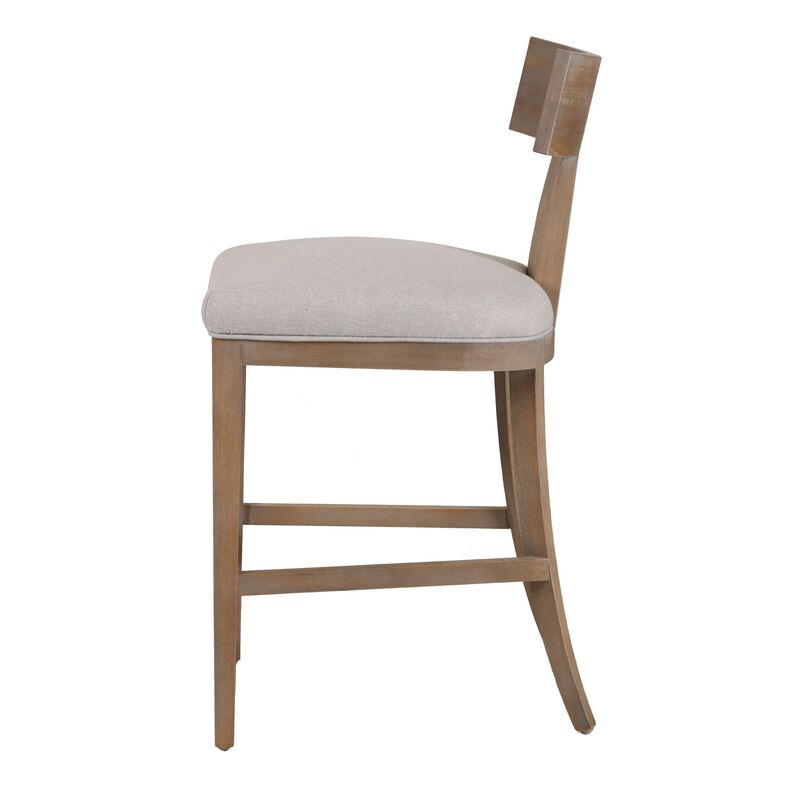 Cid Sten 27 Inch Counter Height Chair, T Shape Back, Beige Linen, Brown - Benzara