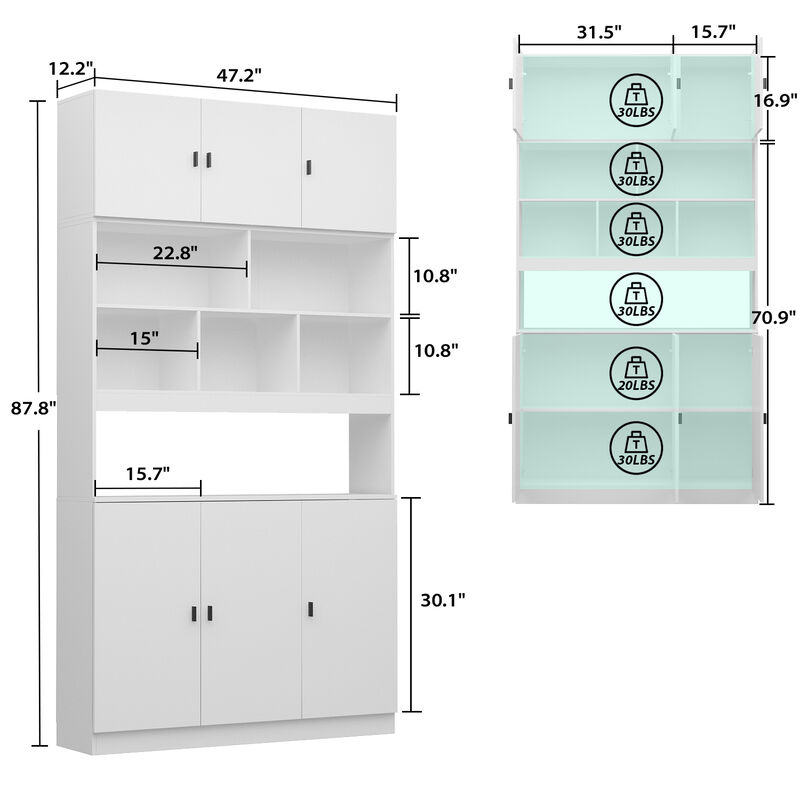 FUFU&GAGA Modern White Storage Shelf with Adjustable Shelves, P2 MDF, Glass Doors (47.2" W x 87.8" H x 12.2" D), White