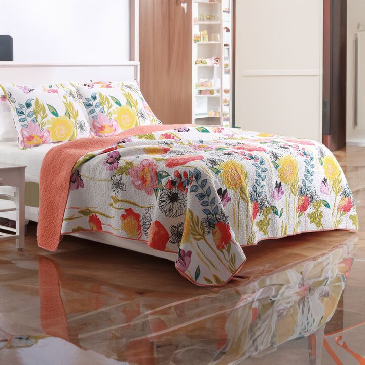 3 Piece Cotton Full Size Quilt Set with Stencil Flower Print, Multicolor - Benzara