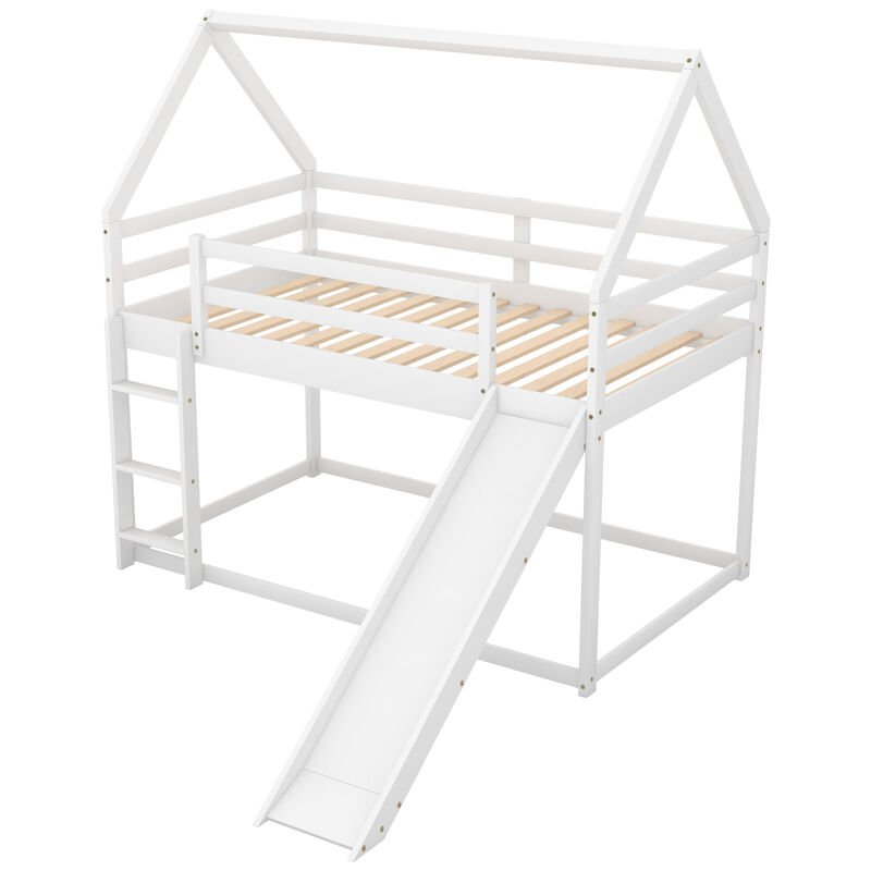Twin Size Bunk House Bed with Slide and Ladder