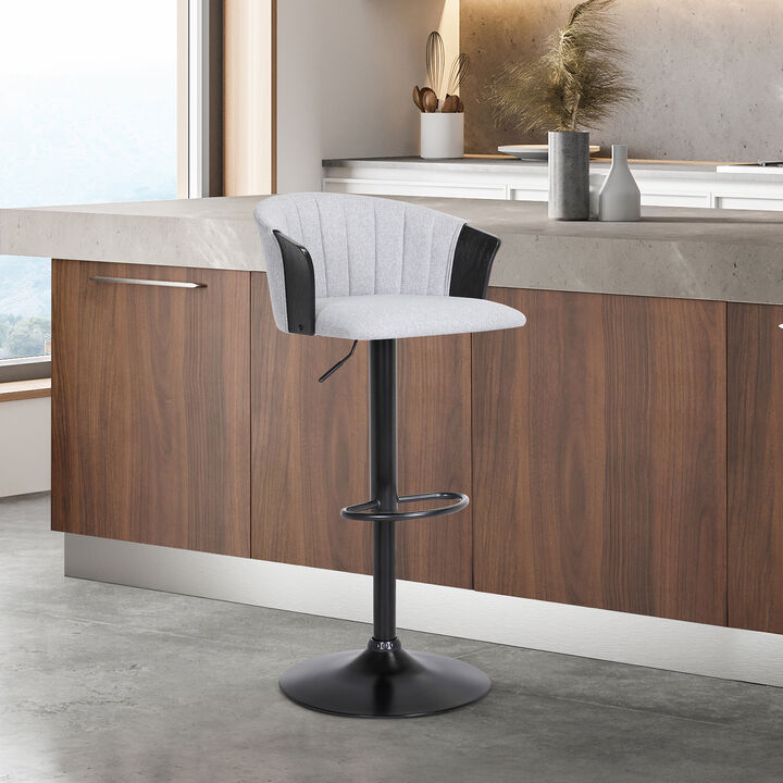 Lydia Adjustable Black Wood Stool in Grey Faux Leather with Black Metal