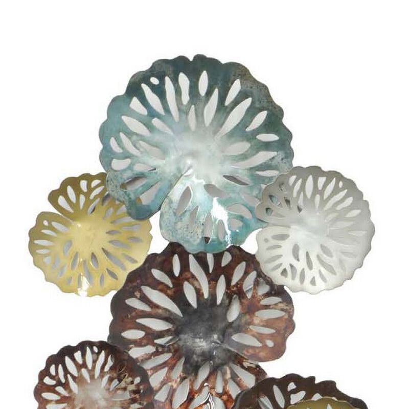 36 Inch Wall Decor, Hanging Piece, Various Size Metal Flowers, Multicolor - Benzara