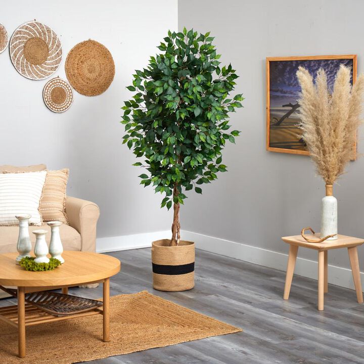 Hivvago 6 Feet Ficus Artificial Tree with Natural Trunk in Handmade Natural Cotton Planter