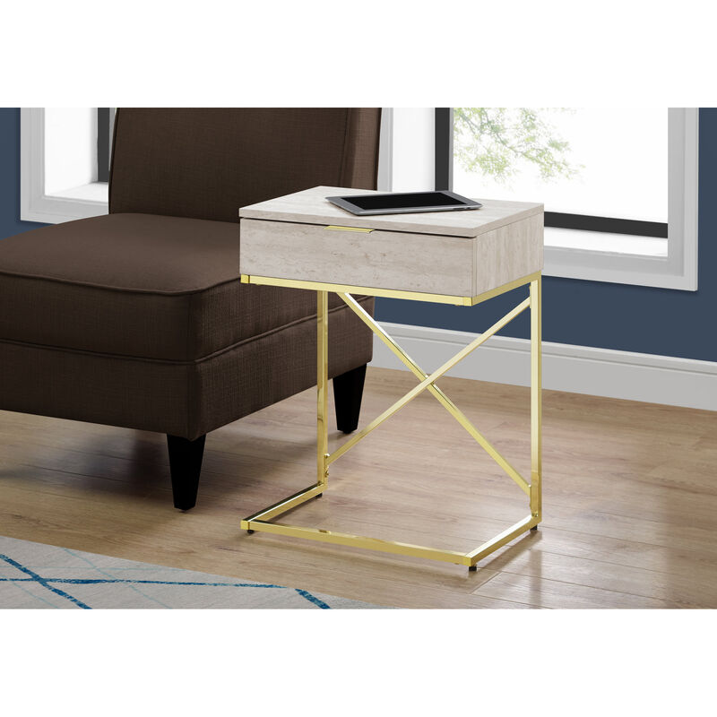 Monarch Specialties I 3473 Accent Table, Side, End, Nightstand, Lamp, Storage Drawer, Living Room, Bedroom, Metal, Laminate, Beige Marble Look, Gold, Contemporary, Modern