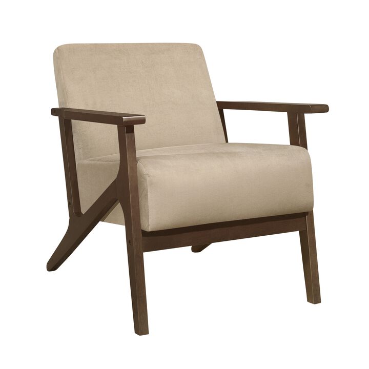 Rica 32 Inch Accent Armchair, Soft Beige Velvet, Walnut Brown Solid Wood - Benzara