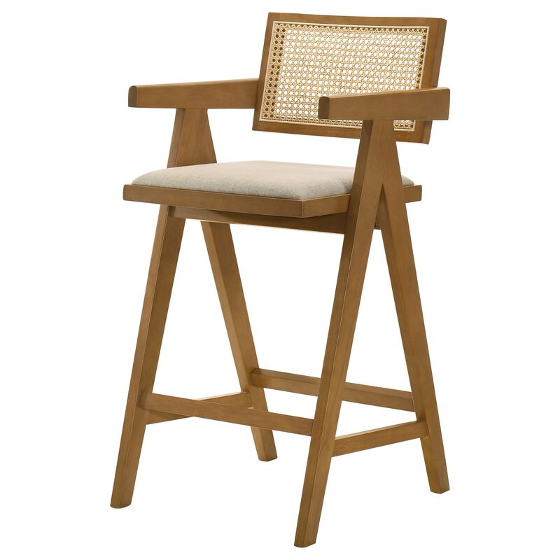 Jane Barstool Chair Set of 2, Sand Beige Rattan, Walnut Brown Solid Wood - Benzara