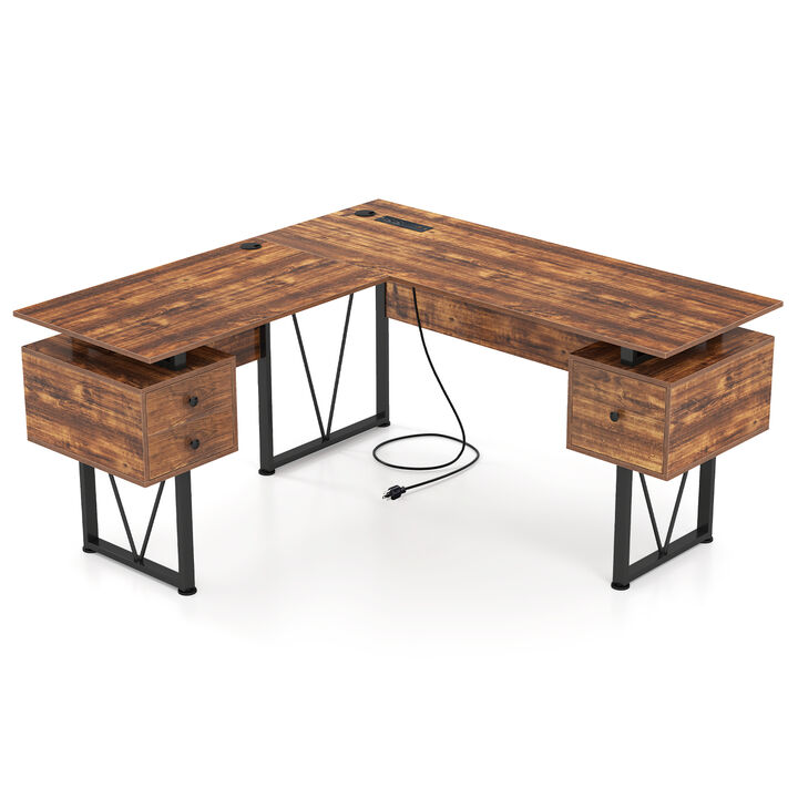 L-Shaped Computer Desk with Power Outlets and 3 Spacious Storage Drawers