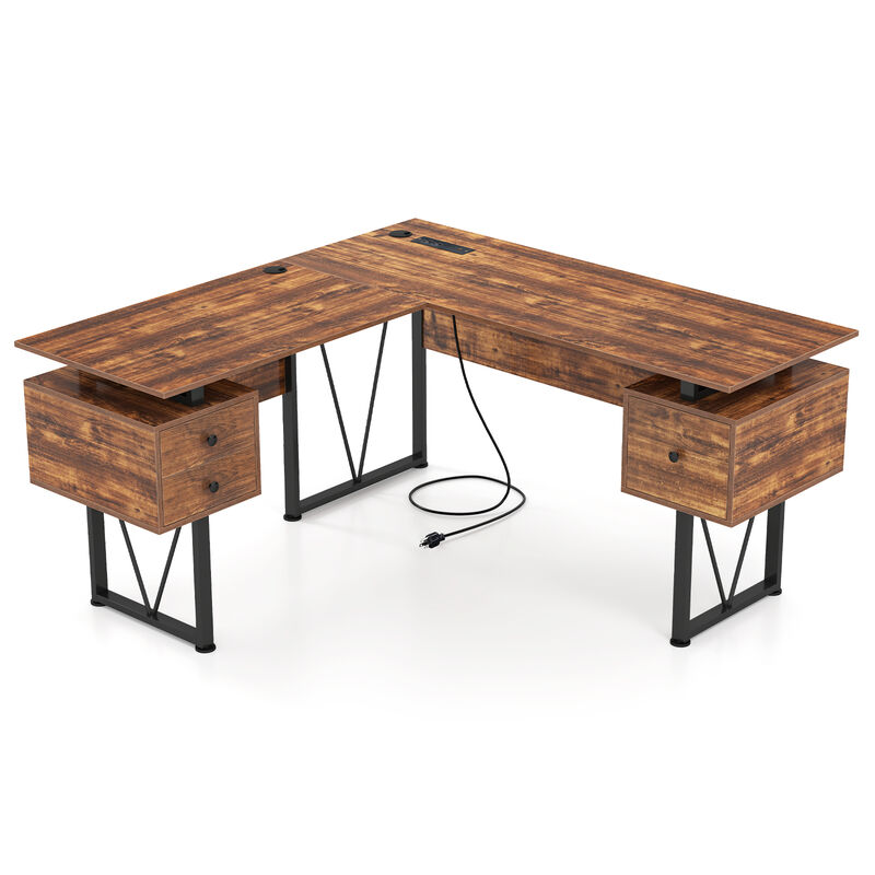 L-Shaped Computer Desk with Power Outlets and 3 Spacious Storage Drawers