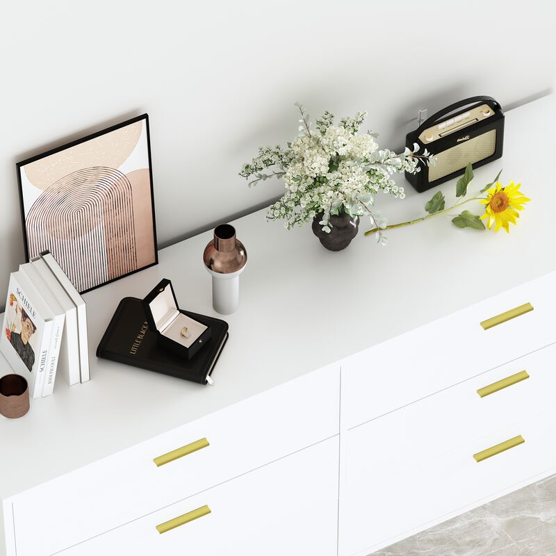6-Drawers White Wood Chest of Drawer Accent Storage Cabinet Organizer With Metal Leg 54.1 in. W x 15.6 in. D