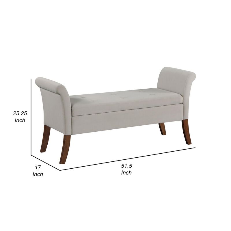Ako 52 Inch Storage Bench, Button Tufting, Flared Arms, Beige Upholstery - Benzara
