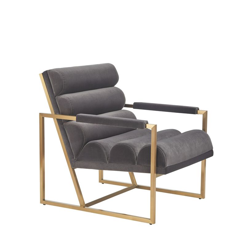Cid Dave 27 Inch Accent Chair, Tufted Gray Velvet, Square Steel Legs, Brass - Benzara