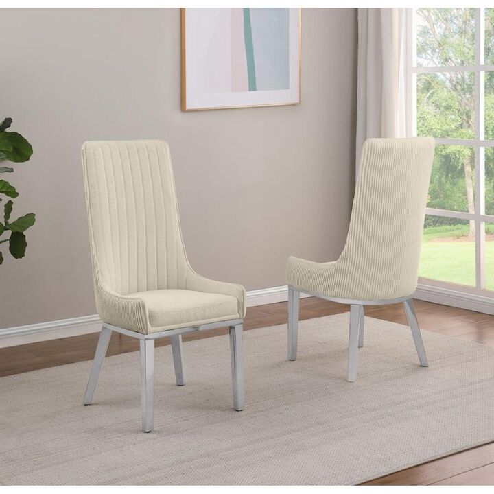 Cream, Teddy Fabric, Pleated Back Side Chair With Silver Base, Set Of Two