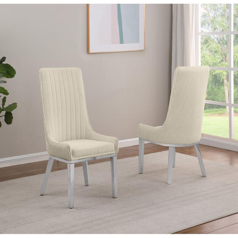 Cream, Teddy Fabric, Pleated Back Side Chair With Silver Base, Set Of Two