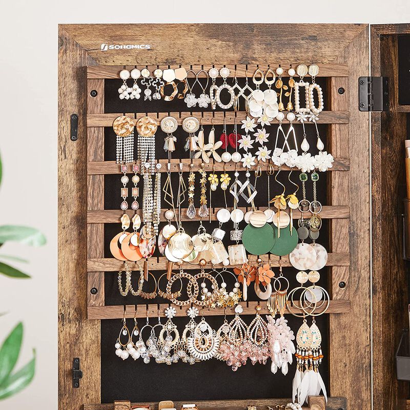 Frameless Full-Length Mirror Jewelry Armoire with Lock and Plastic Cosmetic Storage Trays
