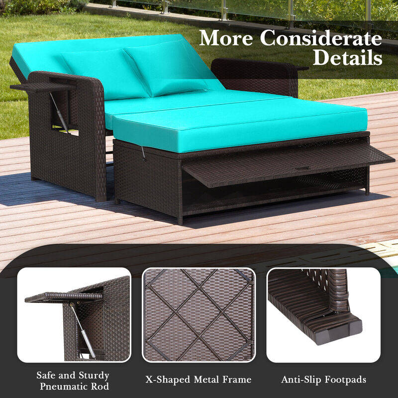 Patio Rattan Daybed with 4-Level Adjustable Backrest and Retractable Side Tray