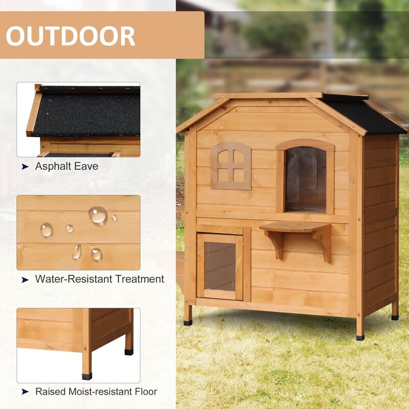 Natural Cat Condo: 2-Story Wooden Outdoor Shelter with 4 Platforms