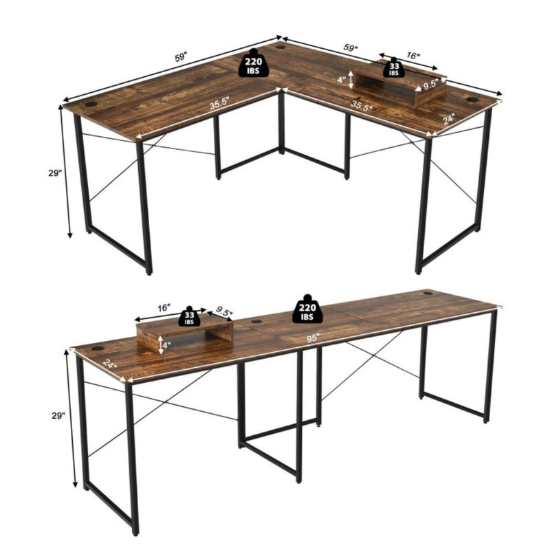 Hivvago 95 Inch 2-Person L-Shaped Long Reversible Computer Desk with Monitor Stand