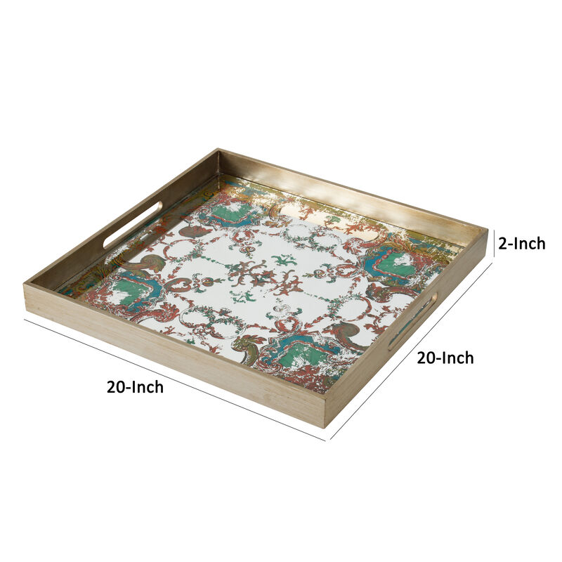 Miki 20 Inch Square Decorative Tray, Artisan Mirrored Damask Pattern, Gold-Benzara