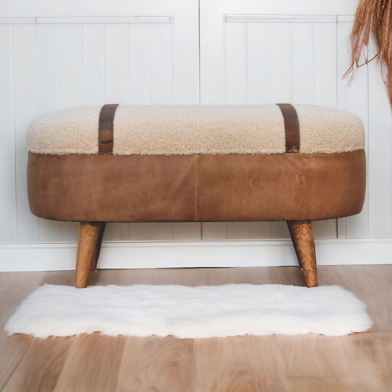 Solid Wood Tan Bufallo Leather Boucle Nordic Bench