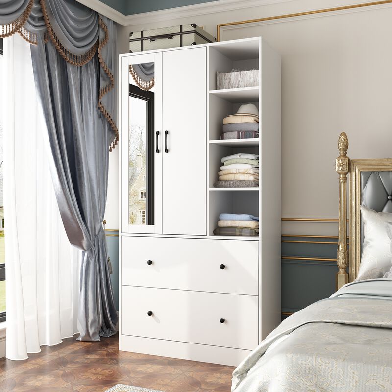 White Wood 35.5 in. W Armoires Wardrobe With Mirror, Pulling Hanging Rod, Drawers, Shelves 15.8 in. D x 70.8 in. H
