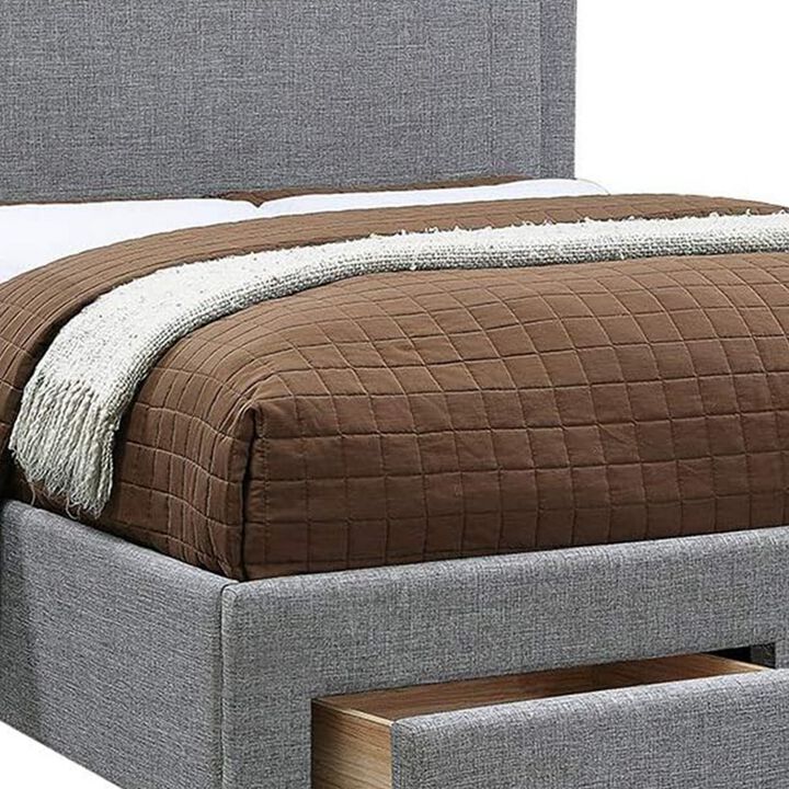 Bovi California King Bed, 2 Storage Drawers, Fully Upholstered Stone Gray - Benzara