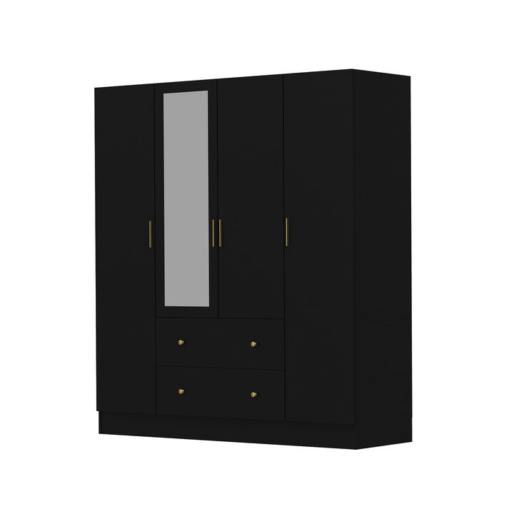 4 Door Wardrobe Armoire Closet with Mirror Door and Shelves, Armoire Wardrobe Closet with 2 Hanging Rods, Armoires and Wardrobes with 2 Drawers,  63”W x 19.7”D x 70.9”H