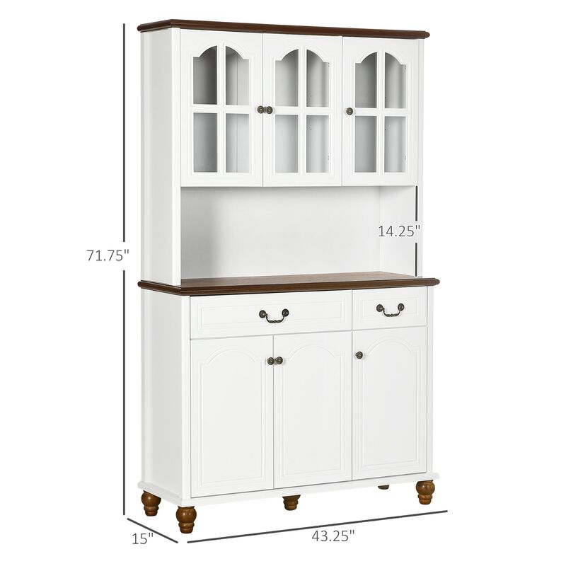 White Kitchen Hutch: Freestanding Pantry with 6 Doors & 2 Drawers