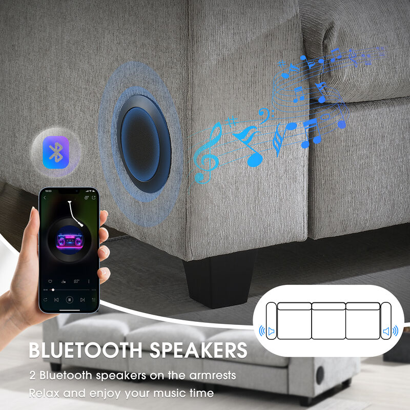 96*35''Chenille Sectional Sofa with Bluetooth Speaker,Comfy Cloud Couch Set with Drop Down Table,Cup Holders,USB Charger,Storage Armrest,Wide Seat Sofa for Living Room,Apartment,Office