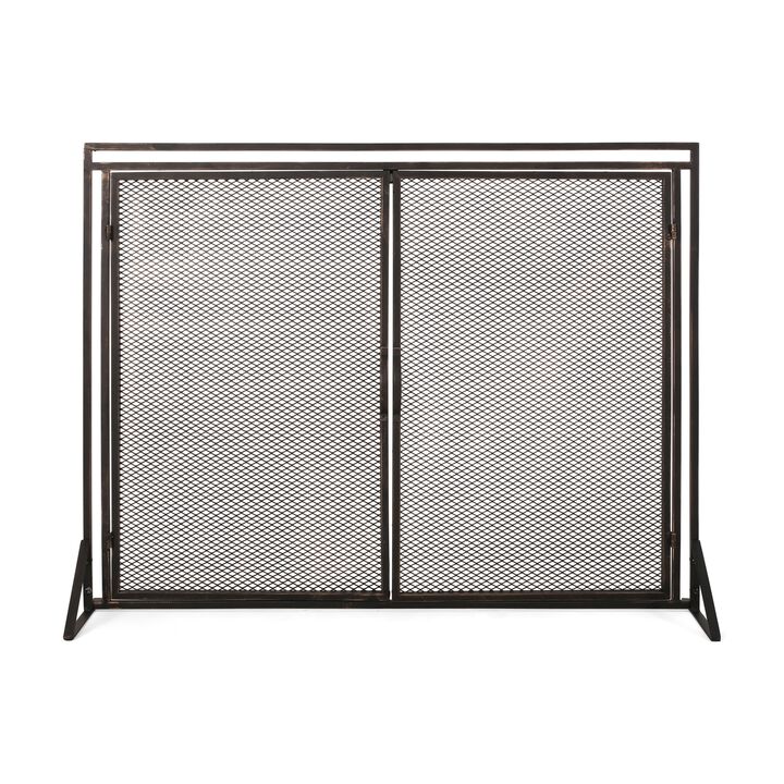 31x40 Fireplace Screen, 2 Door Diamond Mesh Design, Black Bronze Iron -Benzara