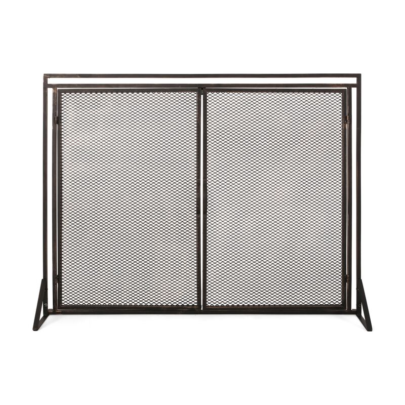 31x40 Fireplace Screen, 2 Door Diamond Mesh Design, Black Bronze Iron -Benzara