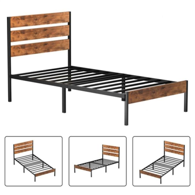 Hivvago Twin Industrial Platform Bed Frame with Brown Wood Slatted Headboard Footboard
