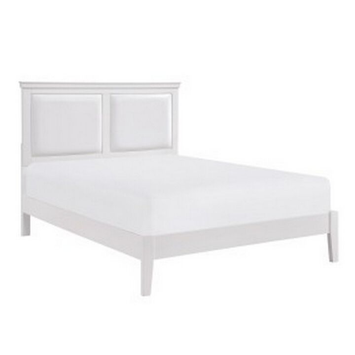 Brite Queen Size Bed, White Faux Leather Upholstered Headboard, Low Profile - Benzara