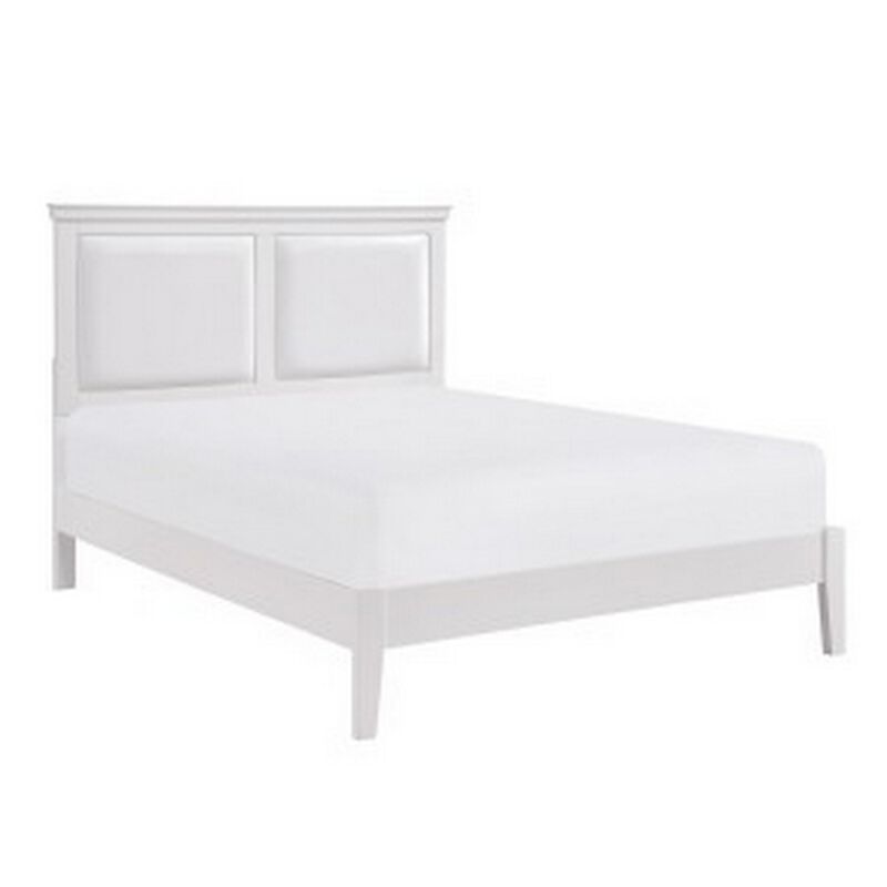 Brite Queen Size Bed, White Faux Leather Upholstered Headboard, Low Profile - Benzara
