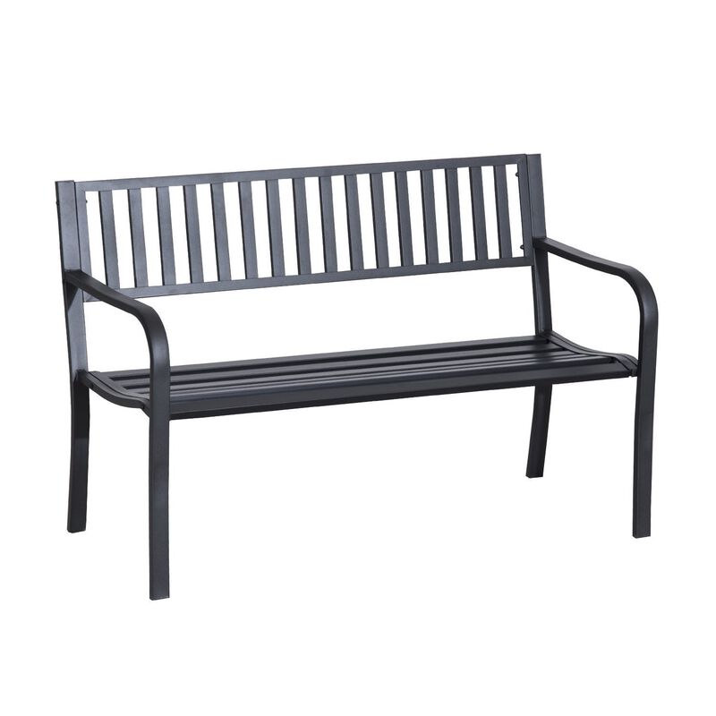 Poolside Duo Seat: 50" Black Metal Slatted Patio Bench for Two