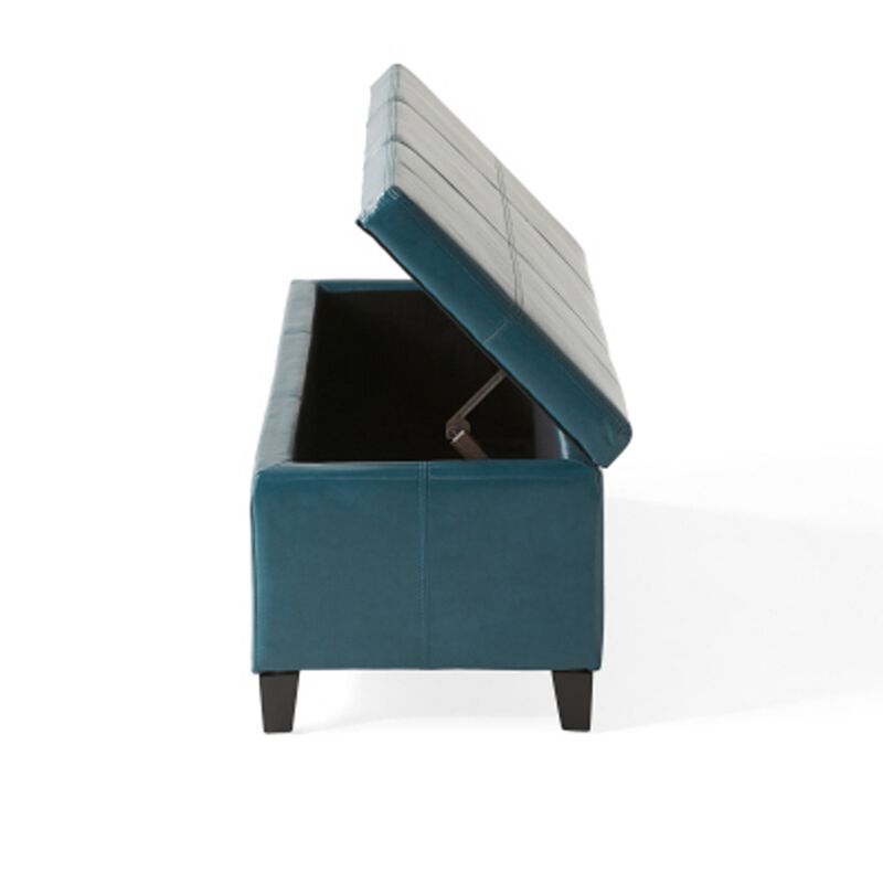 Elias Storage Ottoman, 51 Inch Rectangular, Teal Faux Leather Tufted - Benzara