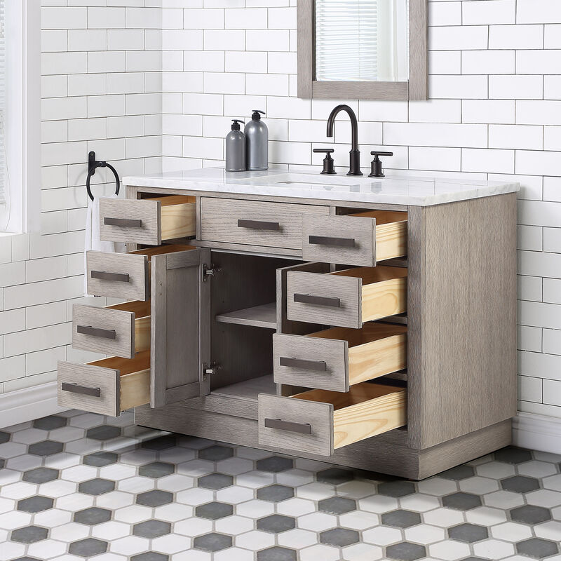 Chestnut 48 In. Single Sink Carrara White Marble Countertop Bath Vanity In Grey Oak with Oil Rubbed Bronze Hardware