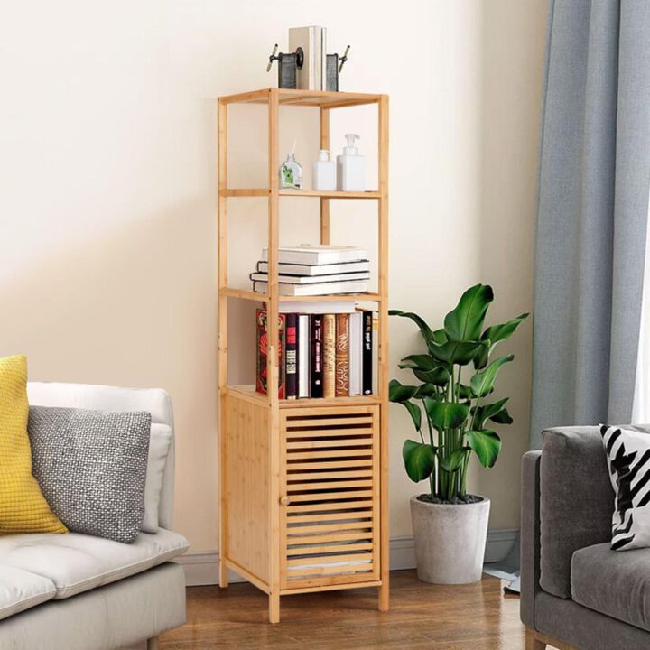 Hivvago 4 Tiers Slim Bamboo Floor Storage Cabinet with Shutter Door and Anti-Toppling Device-Natural