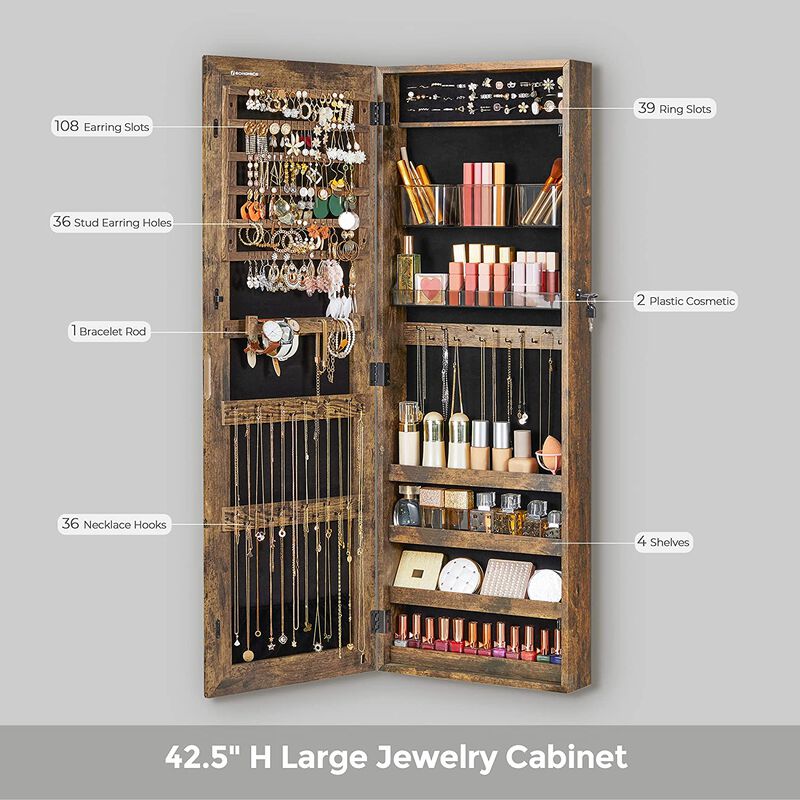 Frameless Full-Length Mirror Jewelry Armoire with Lock and Plastic Cosmetic Storage Trays