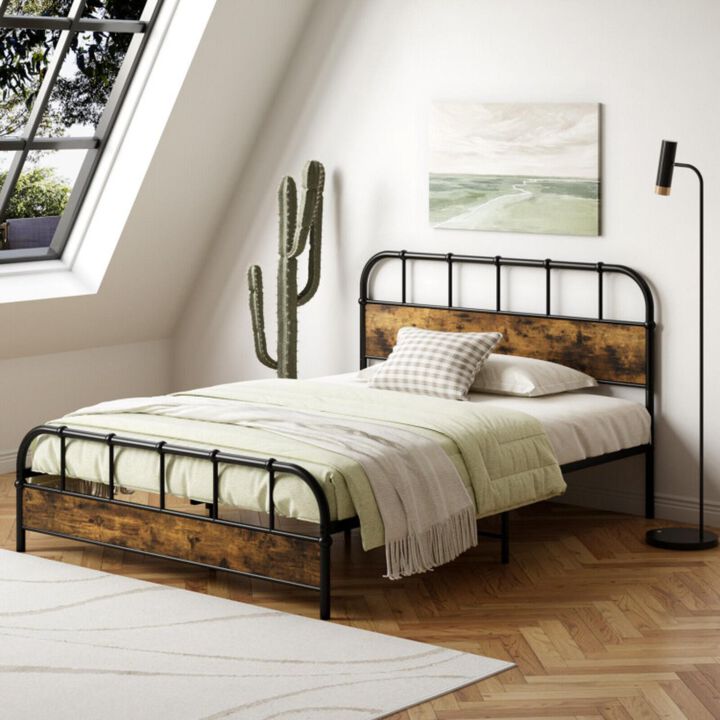 Hivvago Queen Size Industrial Metal Platform Bed Frame Headboard Mattress Foundation