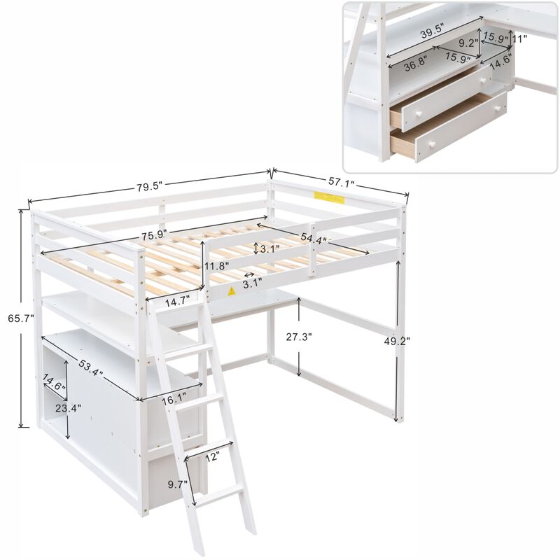 Full Size Loft Bed With Desk And Shelves, Two Built-In Drawers