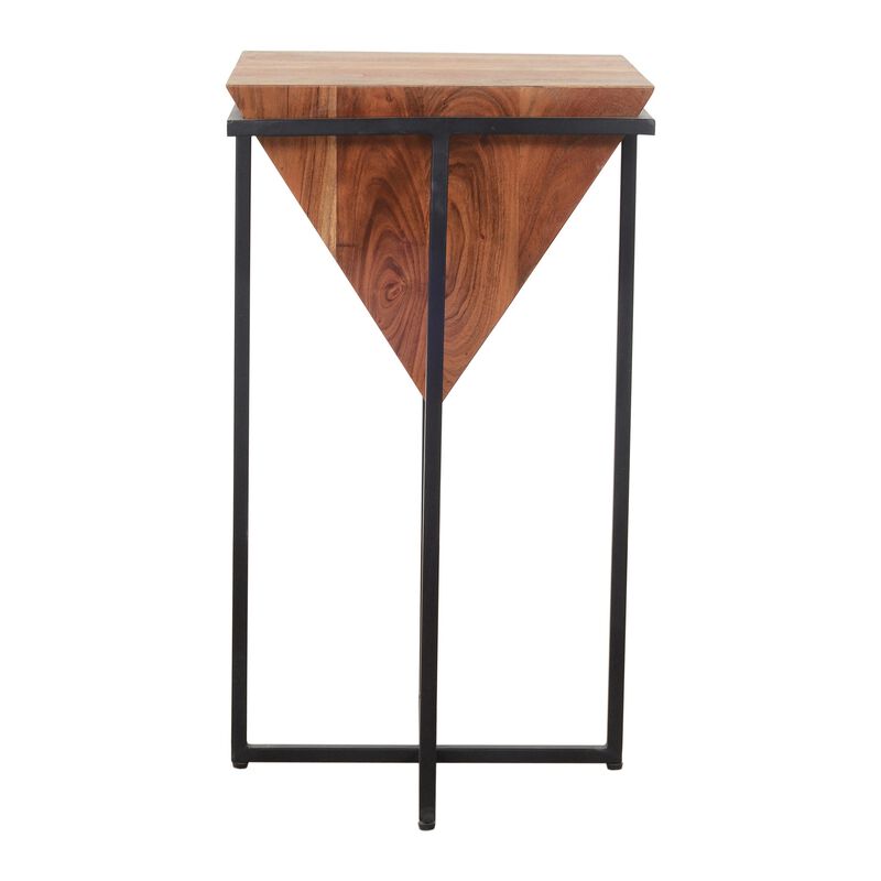 26 Inch Pyramid Shape Wooden Side Table With Cross Metal Base, Brown and Black-Benzara