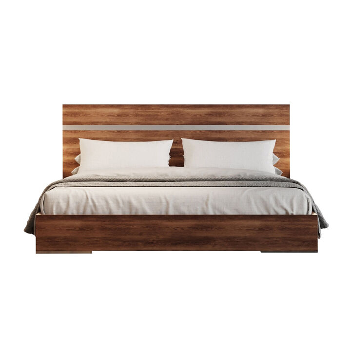 Noe In King Size Bed, Steel Accent Panel Headboard, Light Brown Wood - Benzara