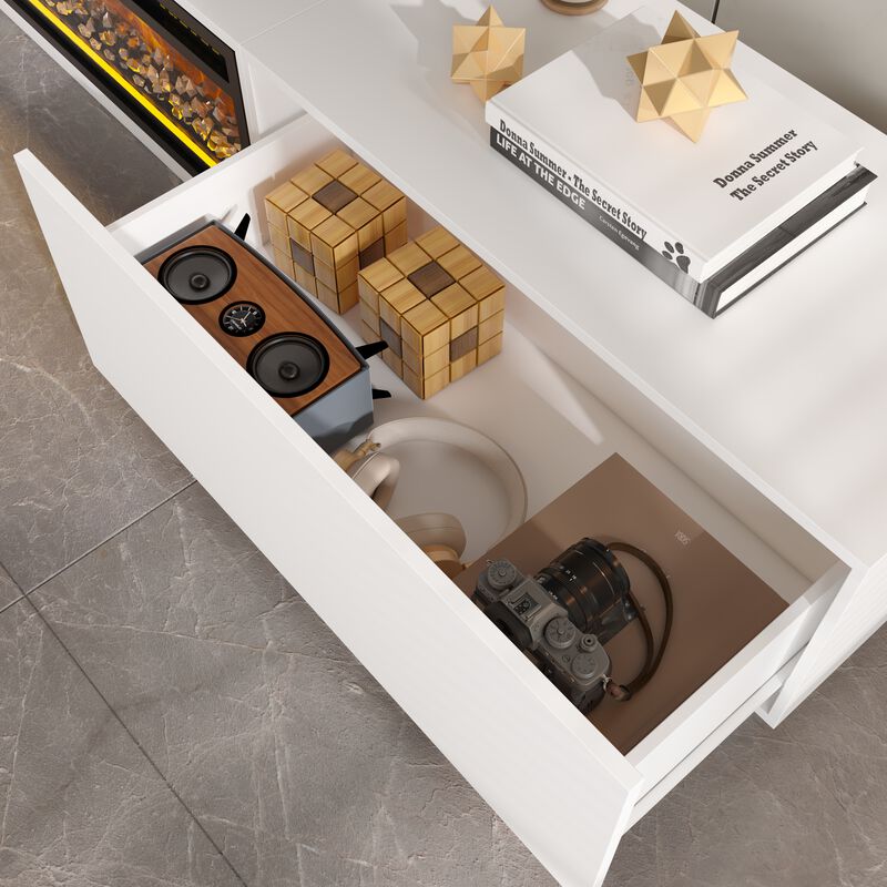 FUFU&GAGA 2-Drawer 1-Shelf TV Cabinet with Electric Fireplace (109.4" W x 15.7" D x 14.9" H), White