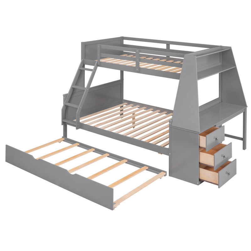 Twin Over Full Bunk Bed With Trundle And Built-In Desk, Three Storage Drawers And Shelf