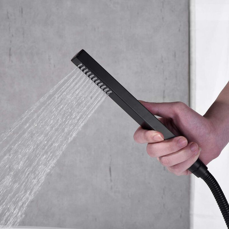 Bathroom Freestanding Waterfall Tub Filler Matte Black Floor Mount Faucet With Hand Shower